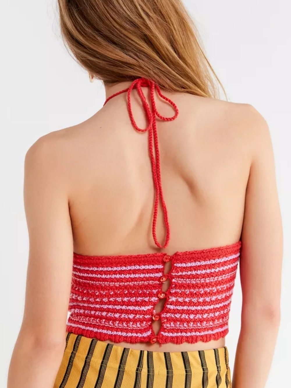 Urban Outfitters Crochet Halter Crop Top Coral Pink Striped Size Large - Picture 3 of 9